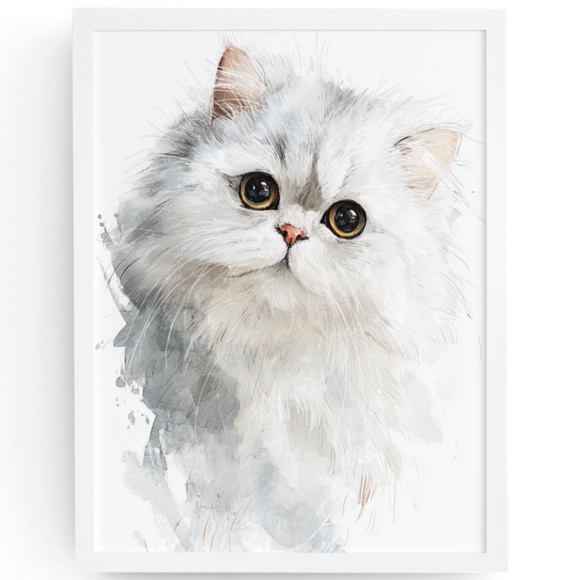 Watercolor White Persian Cat Portrait Wall Art Print Poster, Unframed - Picture 1 of 6